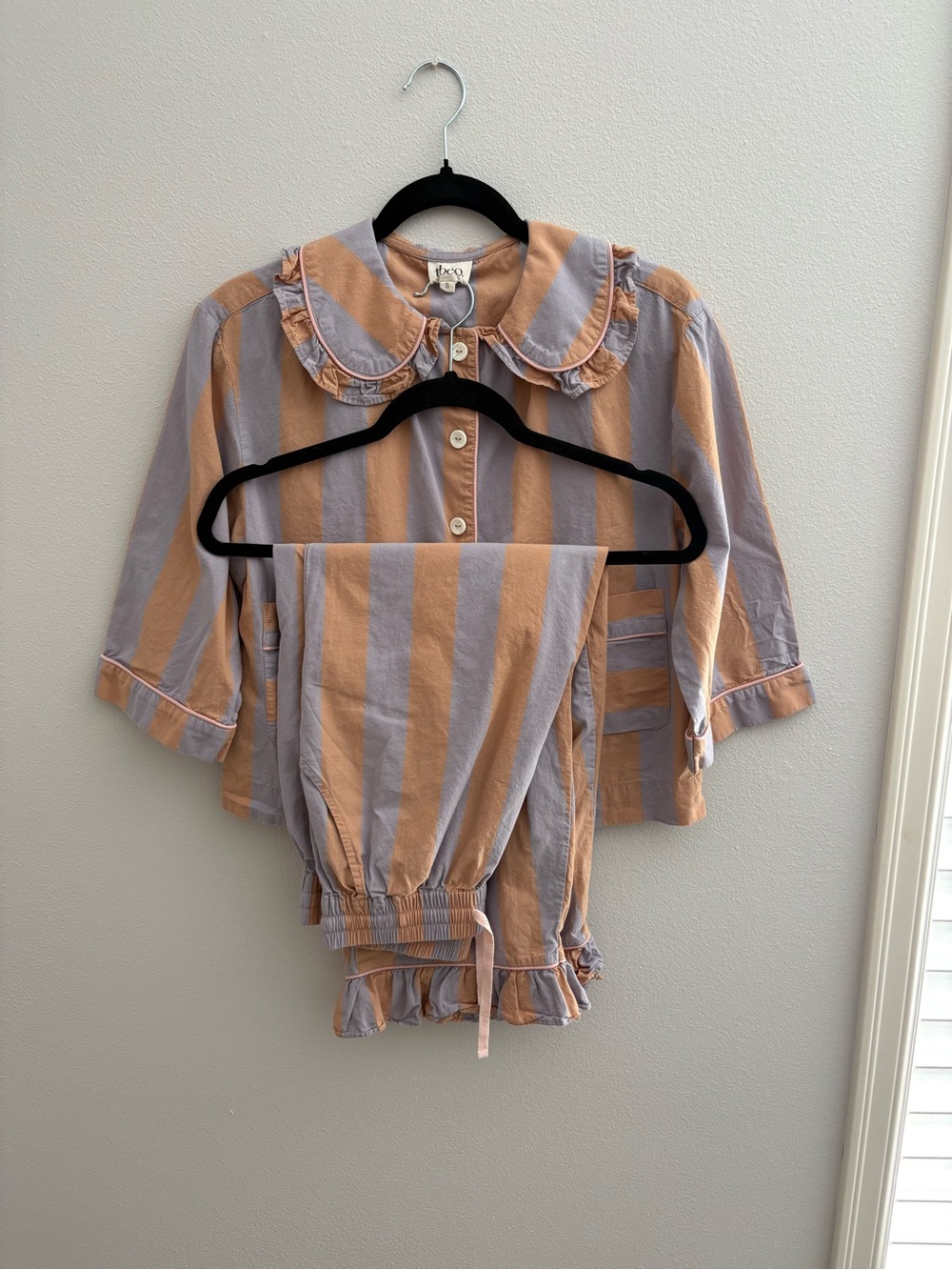 Boxy Striped Ruffle-Collar Blouse & Pants Set - Peach & Lavender
